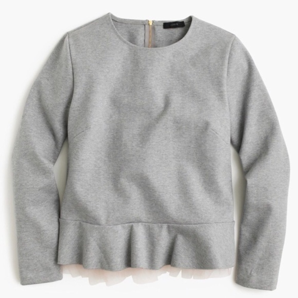 NWOT J Crew Gray Peplum Sweatshirt with Pink Tulle Trim (XL)